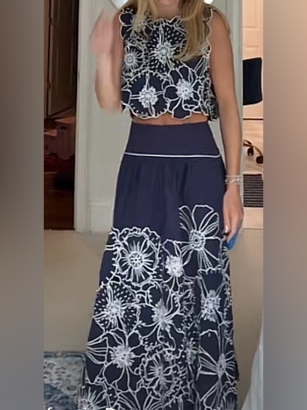 Farm Rio Blue Flowers Richelieu Maxi Skirt and crop top set